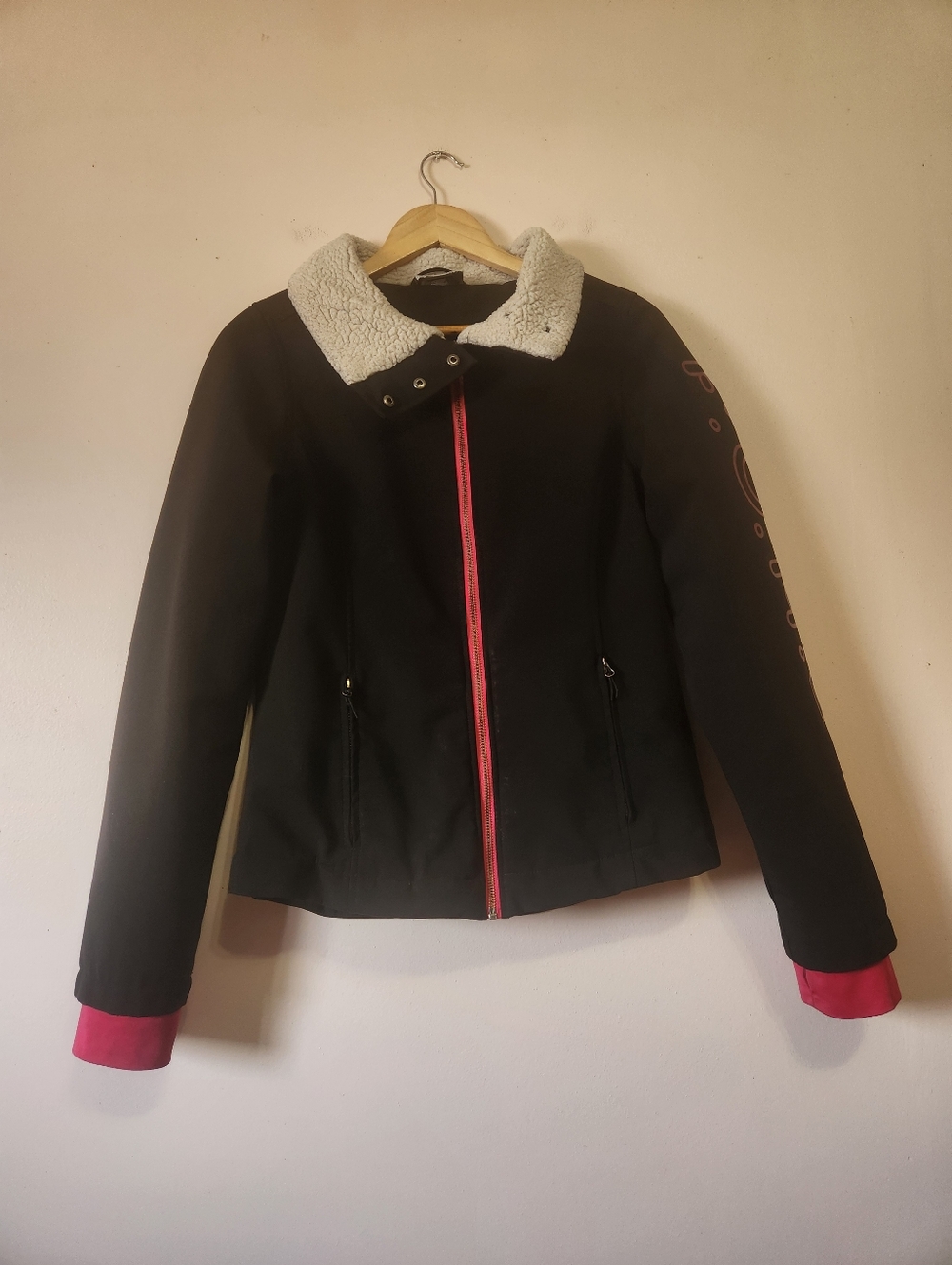 FOAL Equestrian Womens Medium Softshell Jacket Sherpa Collar Black Pink M Coat